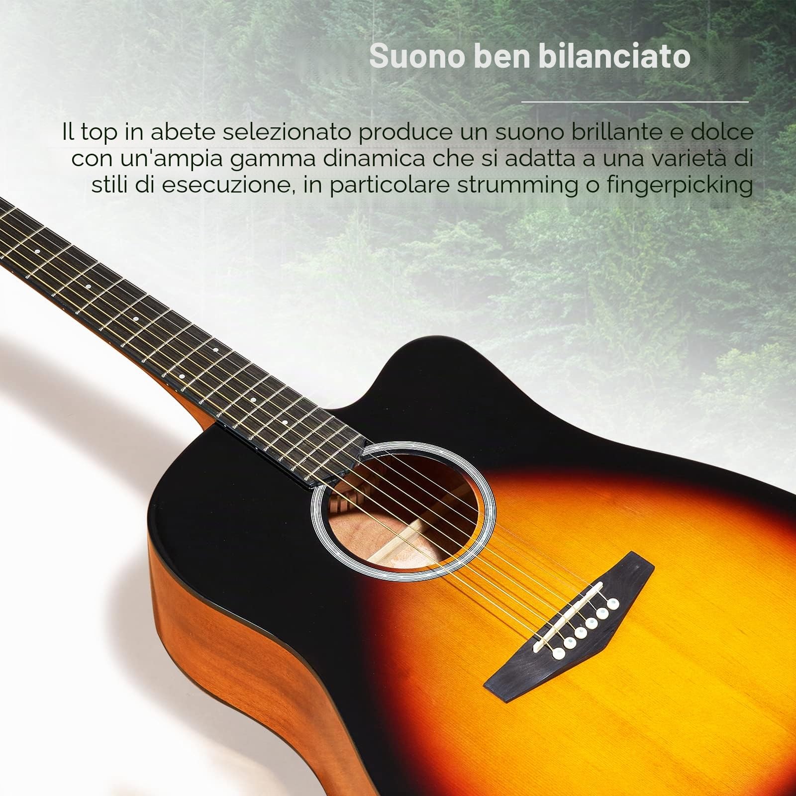 Vangoa 4/4 Chitarra Acustica Kit Abete Rosso Legno Dreadnought Chitarra Folk Acustiche per Principianti Adulto Studente con Borsa Corde Plettri Capotasto Cinghia, Lucido, Sunburst