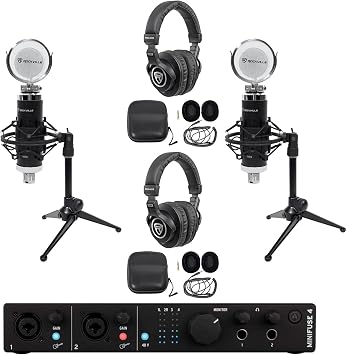 Arturia MiniFuse 4 Black Bundle 4x4 USB MIDI Audio Recording Interface, 2 RCM03 Pro Studio Condenser Microphones, 2 PRO-M50 Monitoring Headphones, 2 RDTS Desktop Tripod Stands, 7-items
