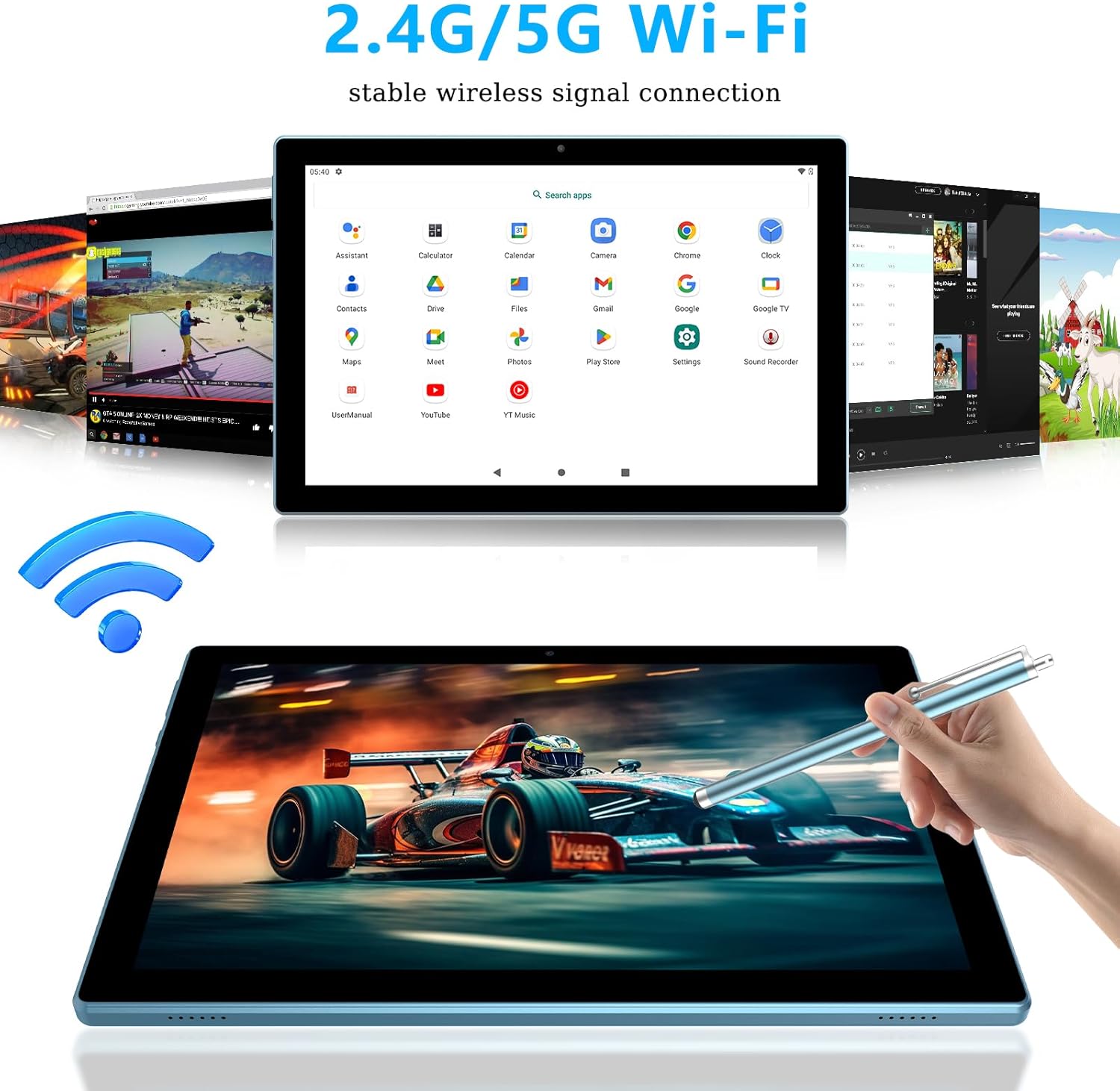 Tablet displaying Wi-Fi connectivity and various applications