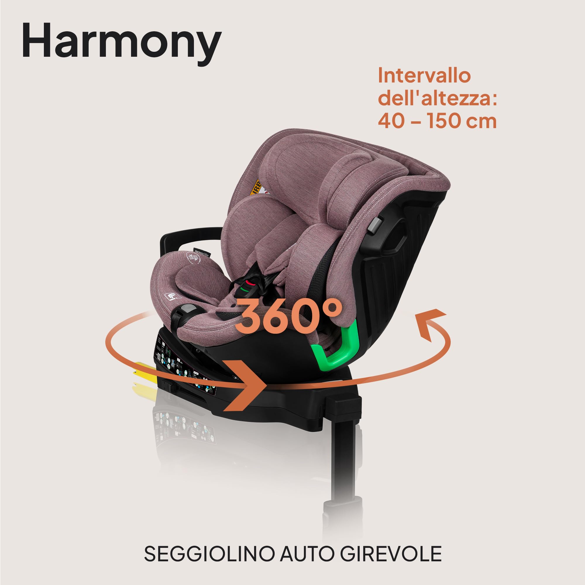 Lionelo Harmony i-Size Seggiolino Auto Girevole 360° per Bambini 0-12 Anni (40-150 cm) con ISOFIX e Gamba di Supporto Fronte e retro marcia, 5-liveli Reclinabile Protezione Laterale