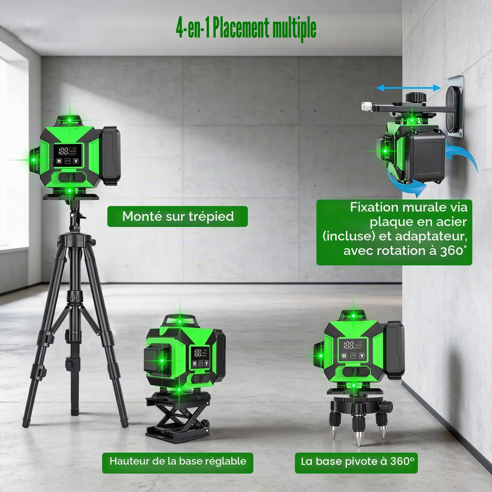 Niveau Laser avec Trepied 4 x 360°, Laser Chantier 4D 16 Lignes | 2xBatterie 3600mAh, Nivellement Automatique avec Support Mural, Support Rotatif, Télécommande, IP54 Étanche et Anti-Poussière
