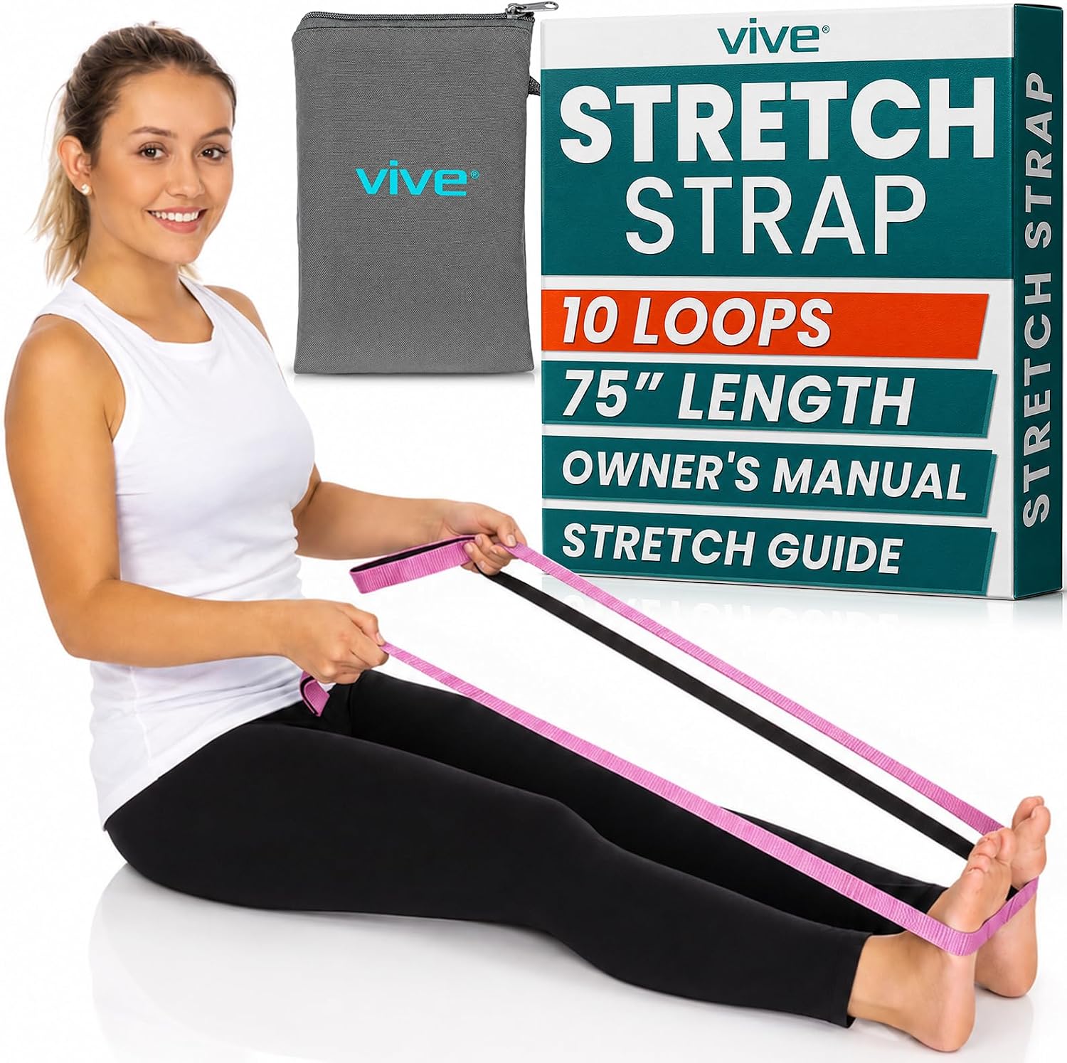 Vive Stretch Strap (75" - 10 Loops) - Leg Stretch Band to Improve Flexibility - Stretching Out Yoga Strap - Exercise and Physical Therapy Belt for Rehab, Pilates and Gymnastics with Guide Book