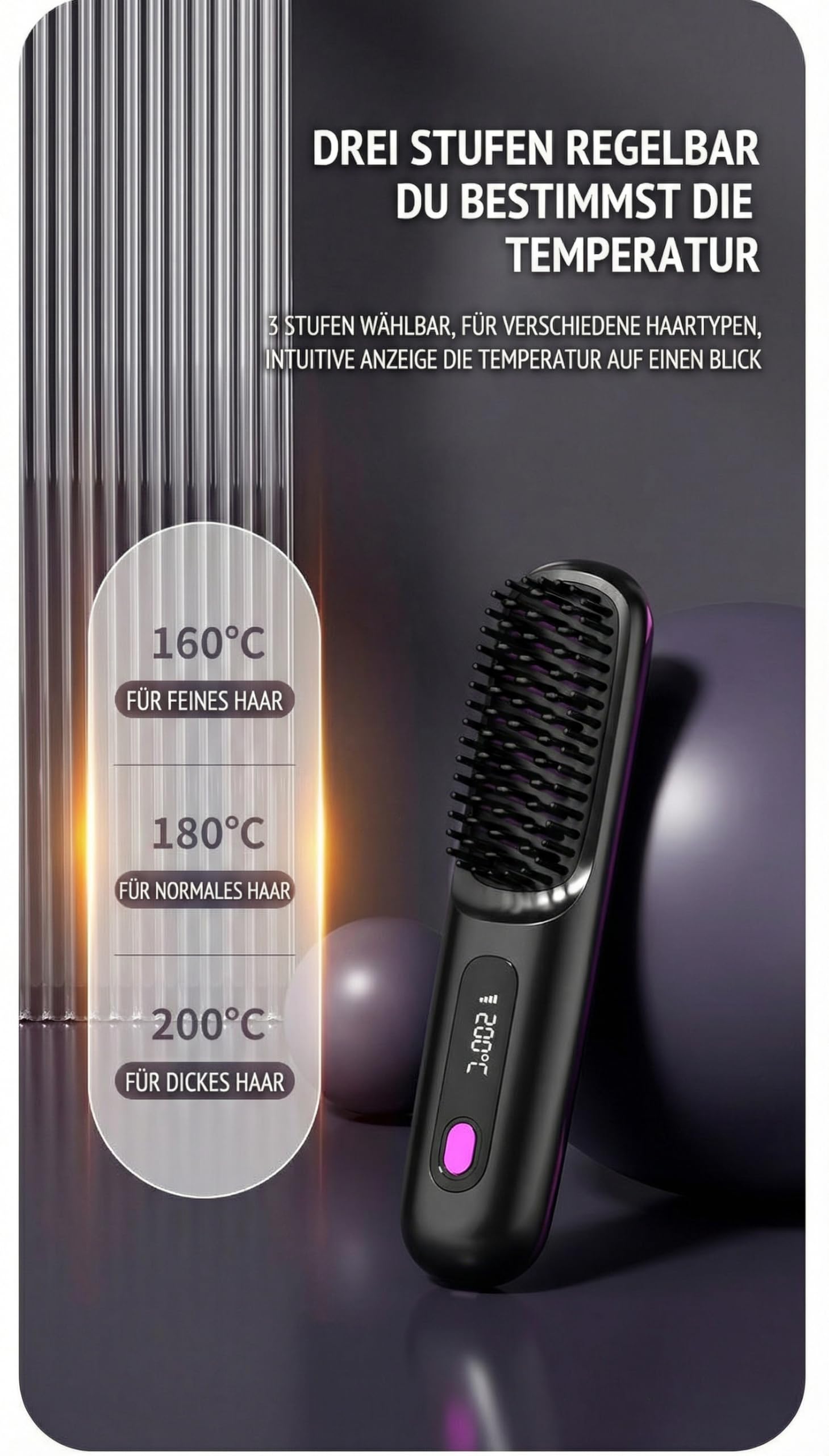 EverHaar Tragbare Glättungsbürste – GoBrush PRO tragbare kabellose Mini Haarglätterbürste für Frauen 2-in-1 Keramik Ionen-Technologie 5 Temperaturstufen LCD USB aufladbar schnelles Aufheizen