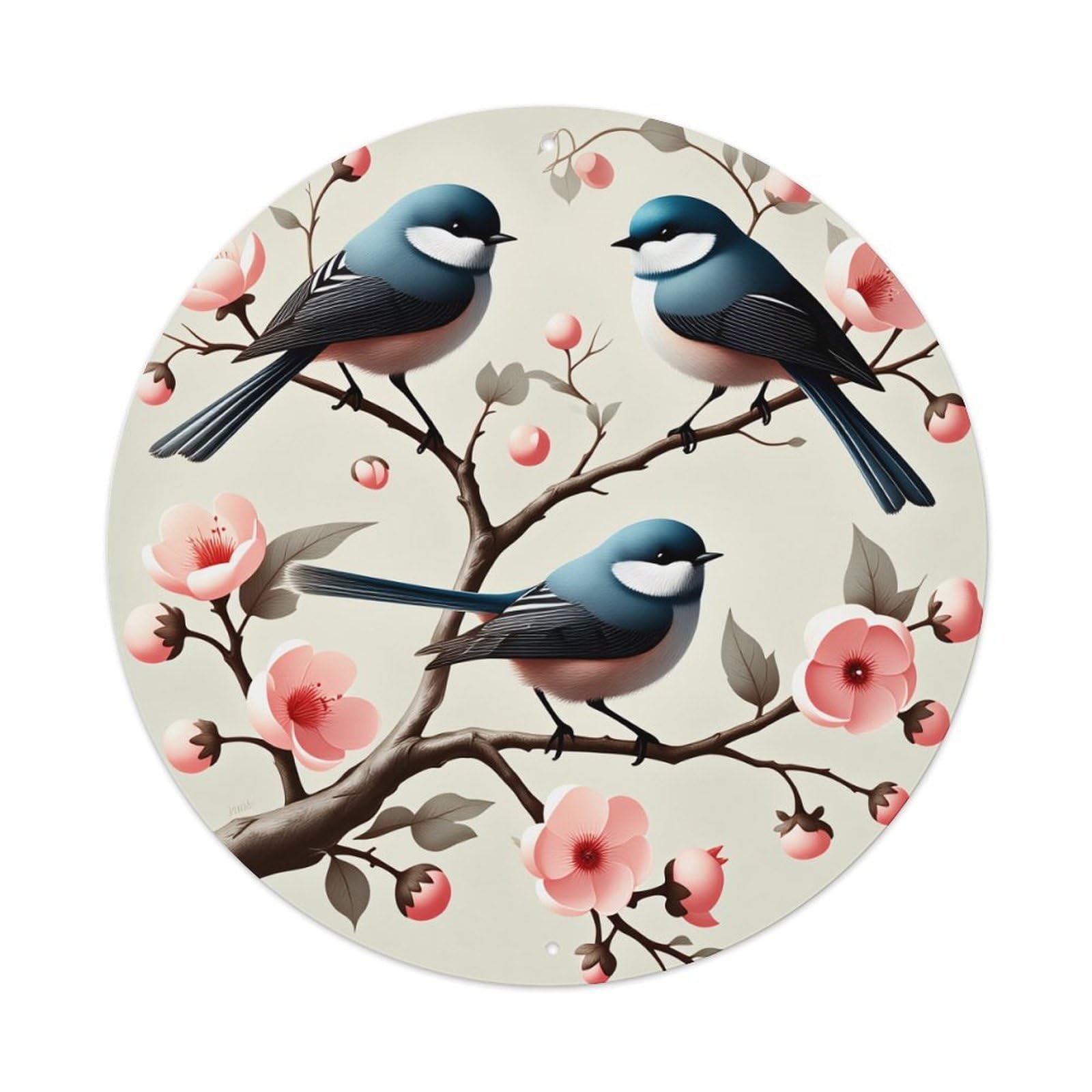 Birds Perched On Blossom Branches With Pink Flowers_1 Round Vintage Tin Sign,Retro Wall Art,Metal Poster for Home, Bar, Garage, Cafe, Rustic Indoor & Outdoor Decor, 8x8 Inches