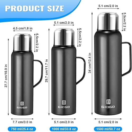 Miniatura 6 de Termo aislado con vacío de 1000ml33.8oz con taza Botellas de café de acero inoxidable para bebidas calientes y frías. (Negro, con asa, 1000ml)