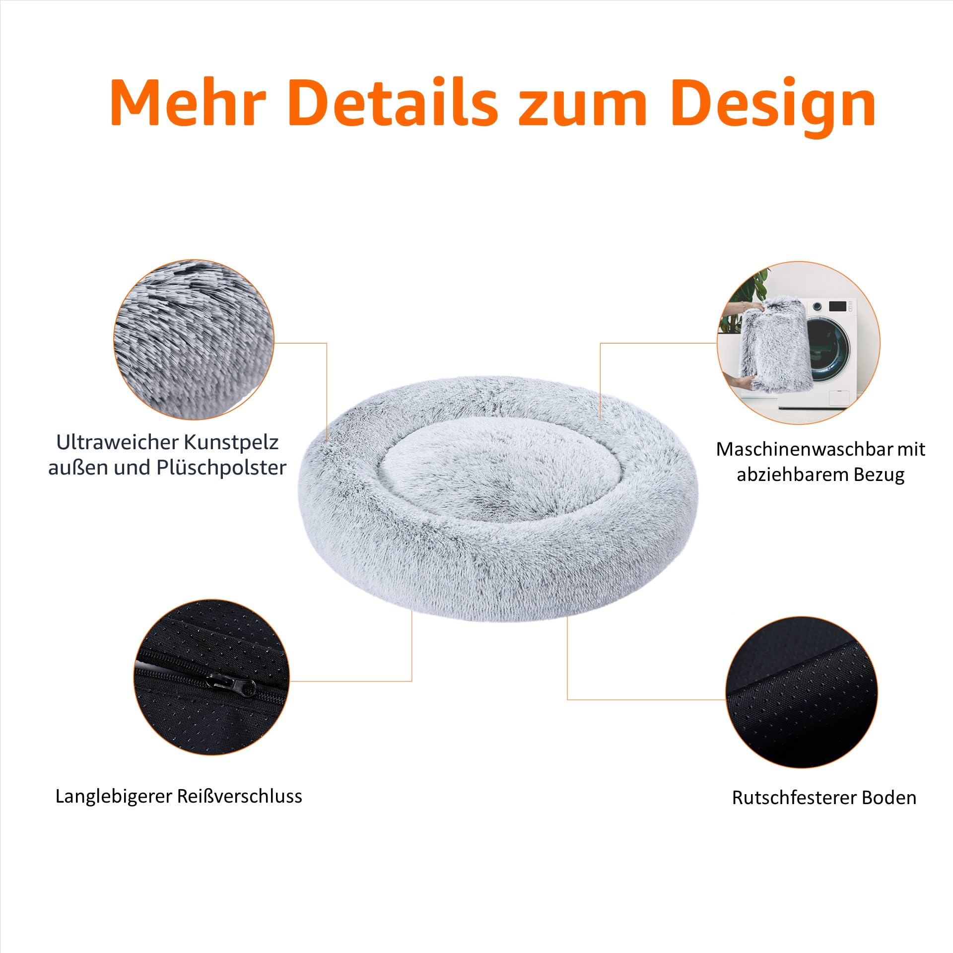 Amazon Basics Weich Haustierbett für Hund, Donut-Kissen, Kunstfell, Maschinenwaschbar, 91 cm, Grau
