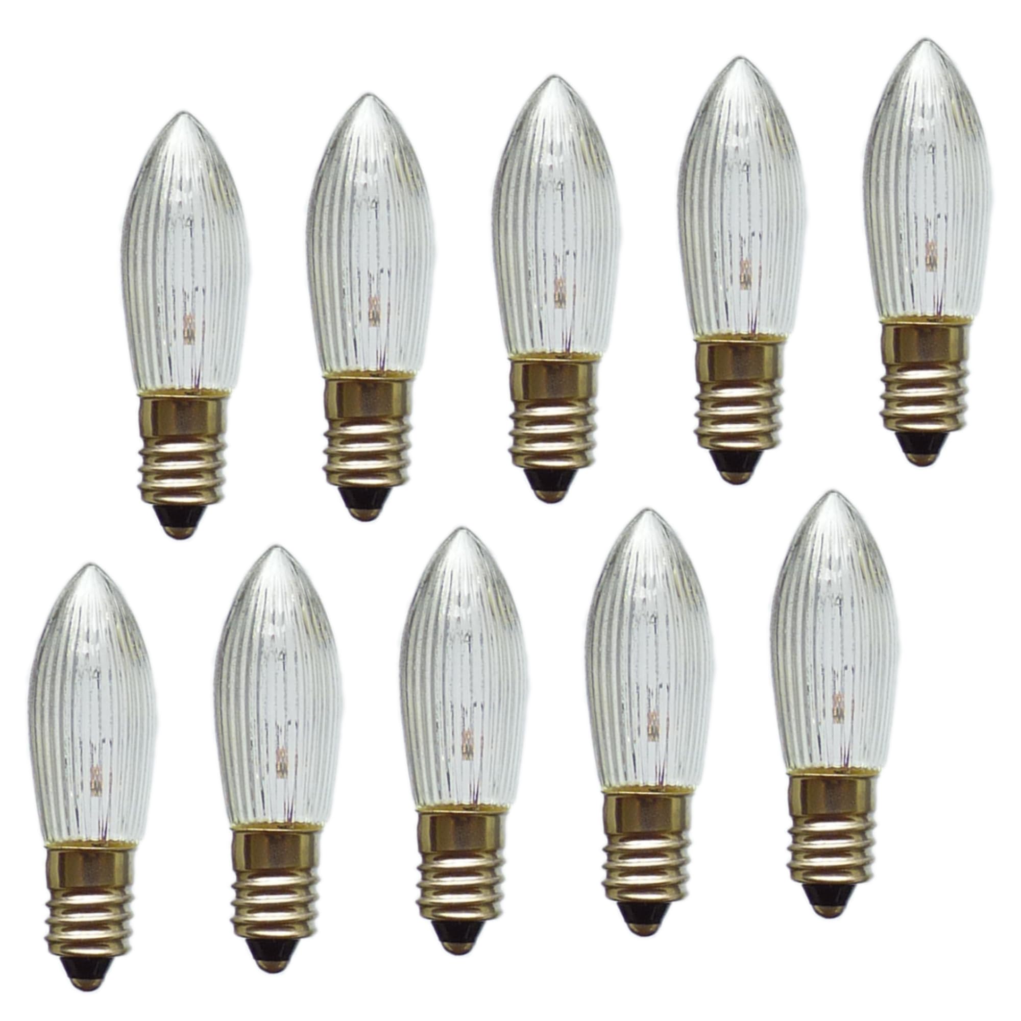 Erzgebirgslicht - AUSWAHL - 10x Topkerze Spitzkerze 8V 3W E10 für 30 Brennstellen Ersatzbirne Glühbirne Riffelkerze Glühlämpchen für Lichterketten und Schwibbogen (keine LED!)