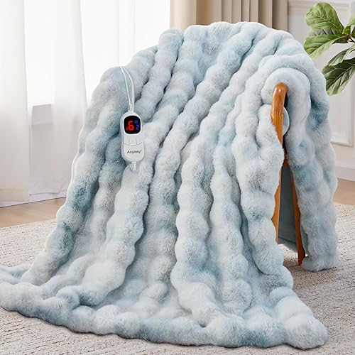 Heated Blanket Full Size with 1/2/4/6/8 Hours Auto-Off 10 Heat Level, 62'' * 84'' Cozy Faux Rabbit Fur Bubble Electric Blanket with Overheat Protection(Brown)