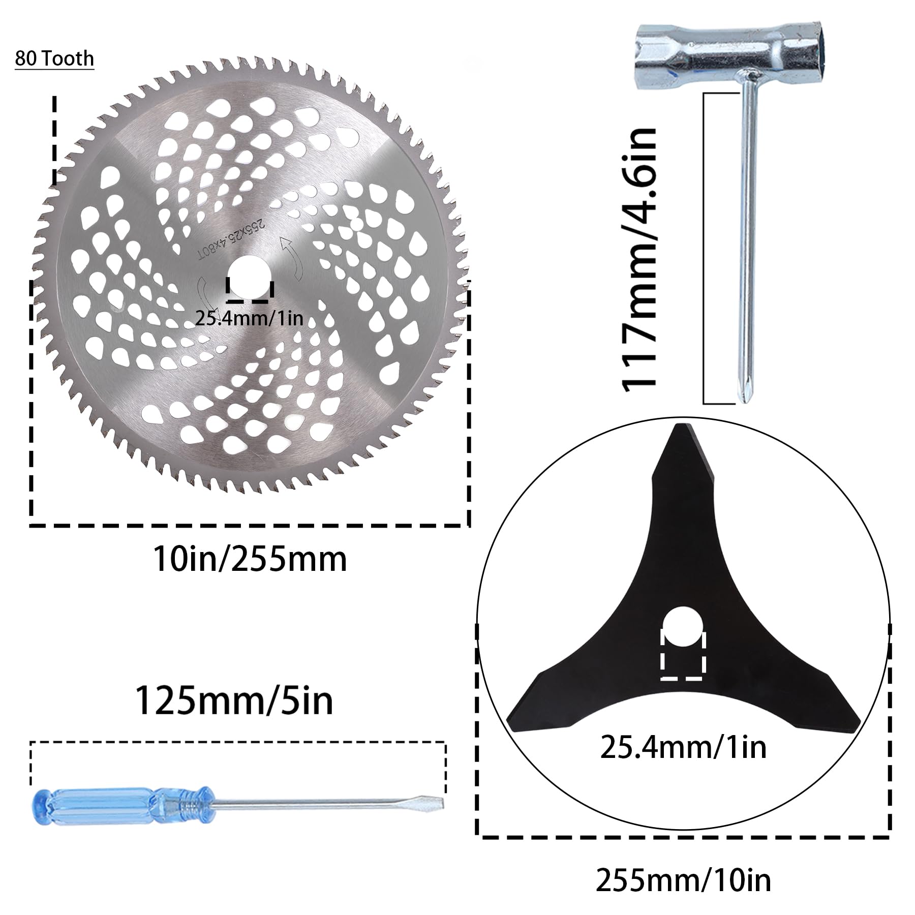 PLAXNS Cuchillas de corte de cepillo de punta de carburo de 10 pulgadas x80T de 10 pulgadas x 3 dientes de acero compatible con cortadora Husqvarna, Stihl, Oregon y Hitachi, cortacésped (con 2 kits de