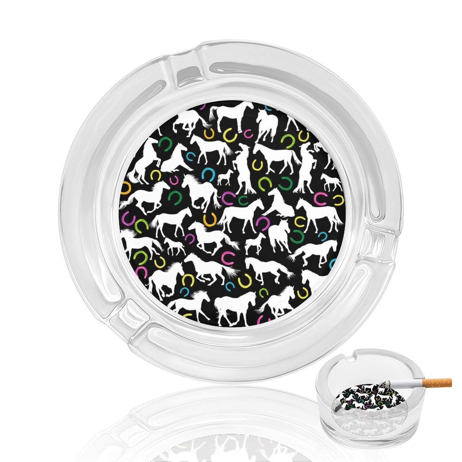 Nclqvjxzkhw Style White Horses And Horseshoe Print Glass Ashtray Round Ash Tray Smoking Trays For Home Garden Outdoor