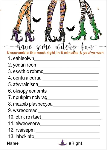 Witch Is Getting Hitched - Juego de palabras para despedida de soltera, paquete de 25, juego de fiesta de Halloween, actividad de descifrado de baby