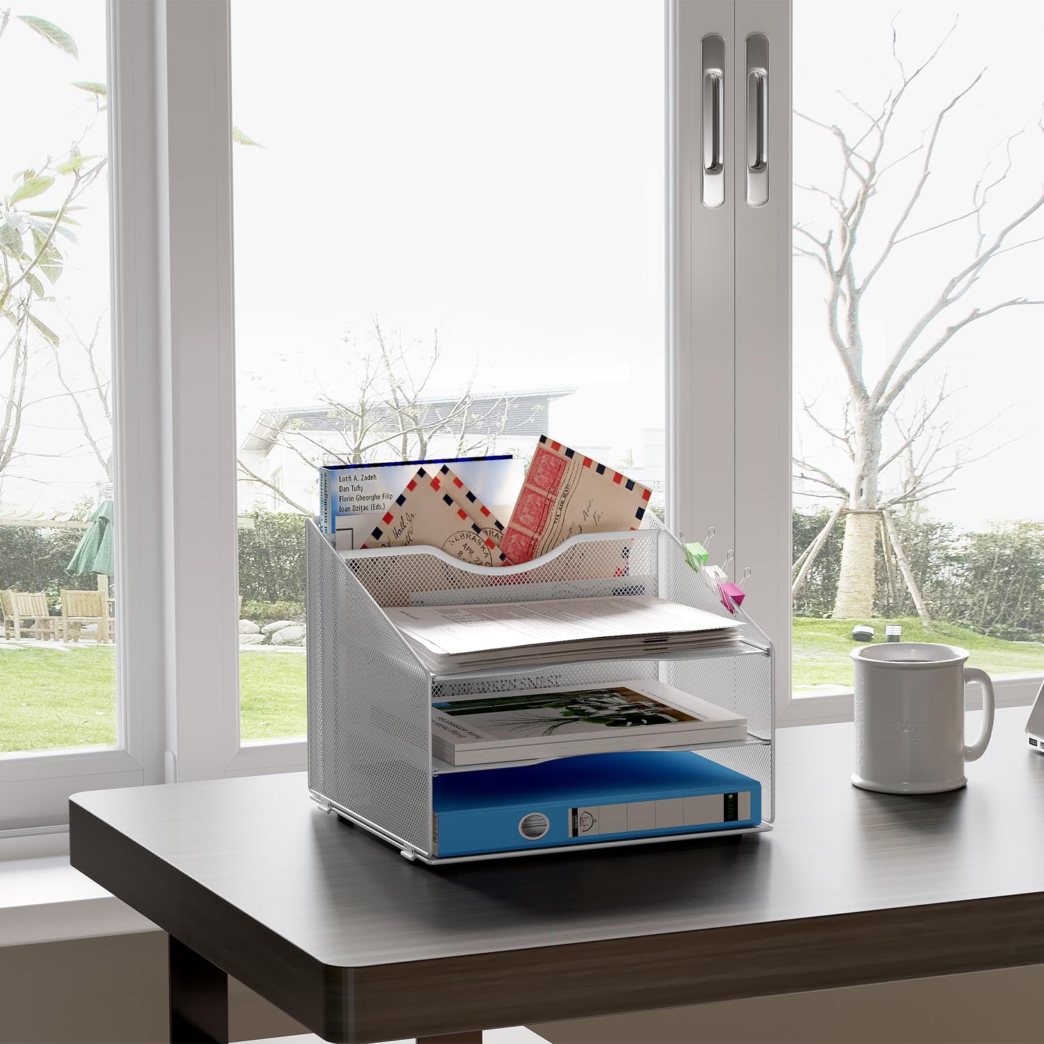 5 Compartimentos Organizador Archivador A4 Ahorra Espacio, Bandeja Documentos para Oficina y Hogar, Clasificador Papel Mantiene Orden, Metal, Blanco