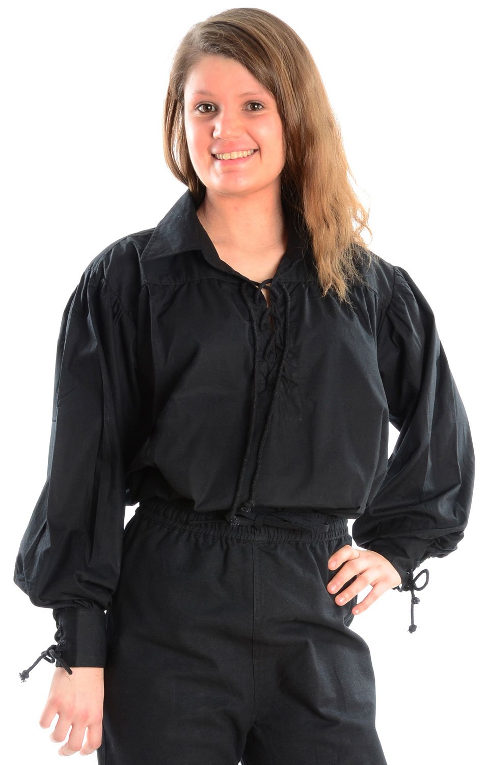 Hemad Women's Black Medieval Blouse With Laces And Long Point Collar - Xxl
