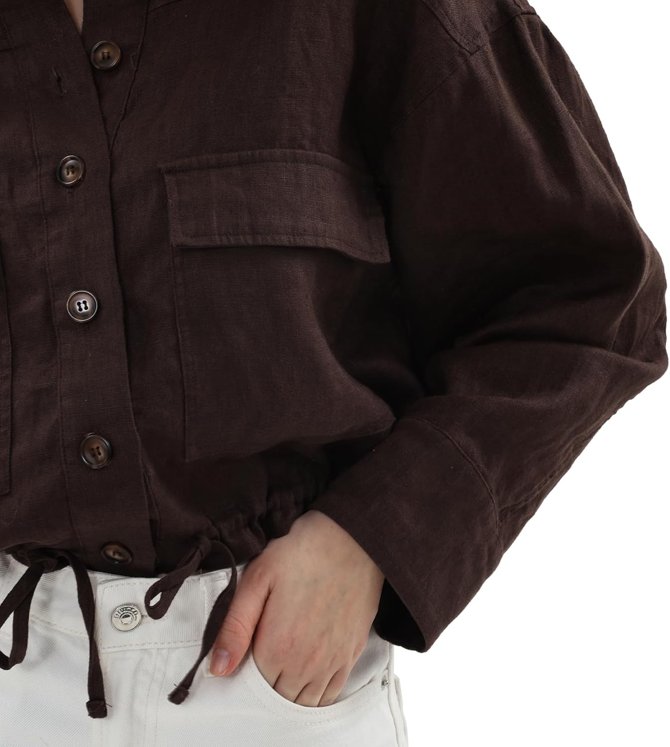 Amazhiyu Womens 100% Linen Crop Cargo Jacket Button Down Long Sleeve Coat Casual - Image 4