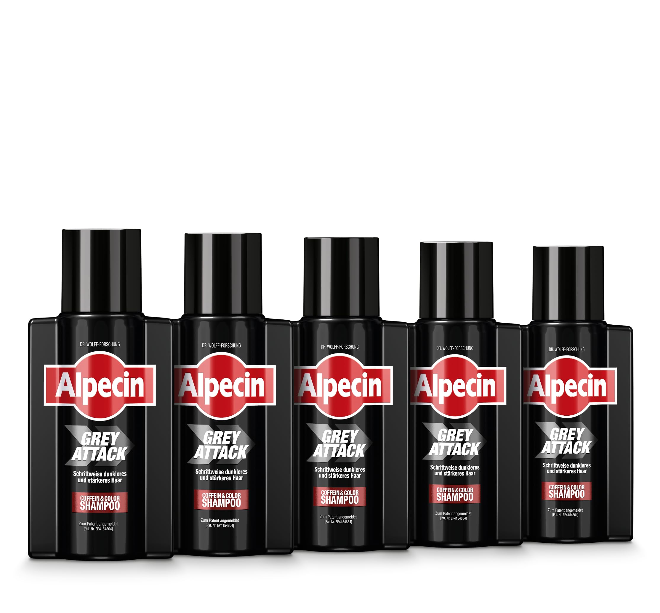 Alpecin Grey Attack szampon z kofeiną i kolorem, 5 x 75 ml, przeciw siwym włosom, naturalny efekt koloryzacji od 2 do 4 tygodni, zapobiega dziedzicznemu wypadaniu włosów
