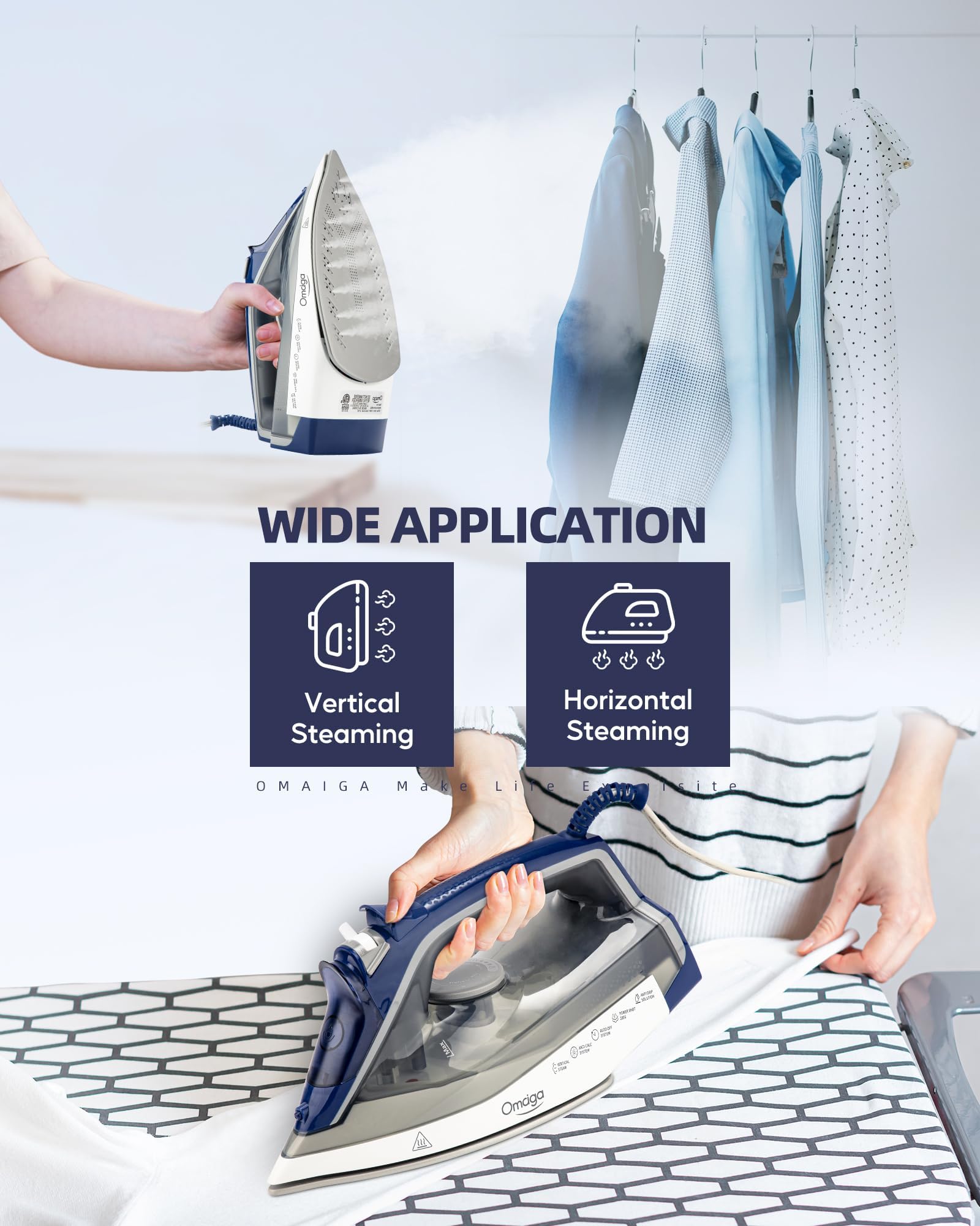 OMAIGA Steam Iron for Clothes, 1750W, Ceramic Soleplate, Large Tank, Grey view 7