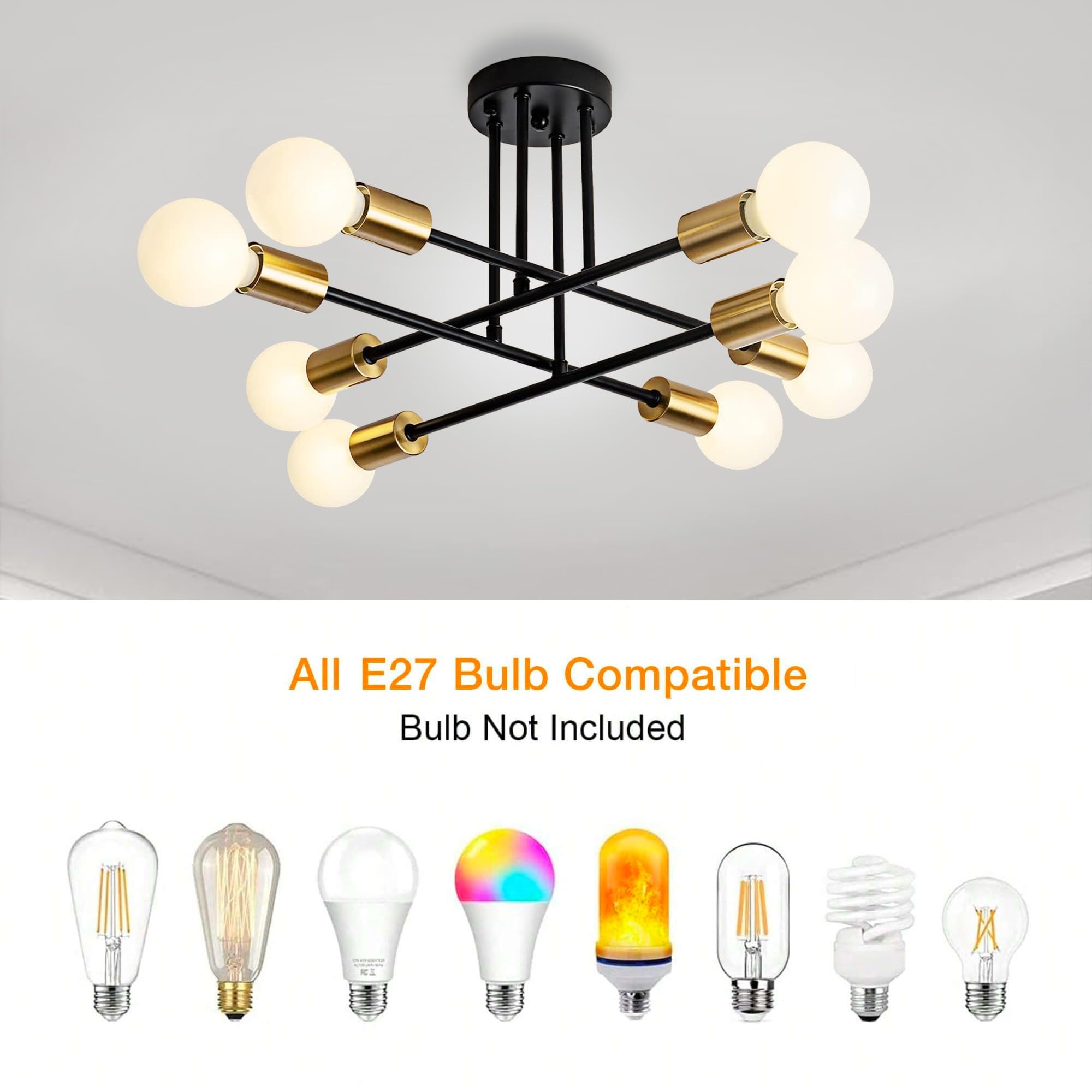 YHTlaeh Lampadario Soffitto Industrial Forma DIY Plafoniera E27 Moderno Lampada da Soffitto in Ferro Vintage per Camera da letto Soggiorno Cucina Corridoio (Nero+Oro, 8T)