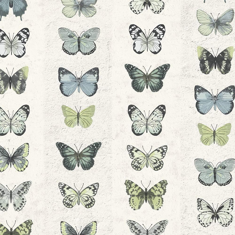 Norwall G67994 Jewel Butterflies Stripe Wallpaper, Green, Blue, Beige, Black, Lime