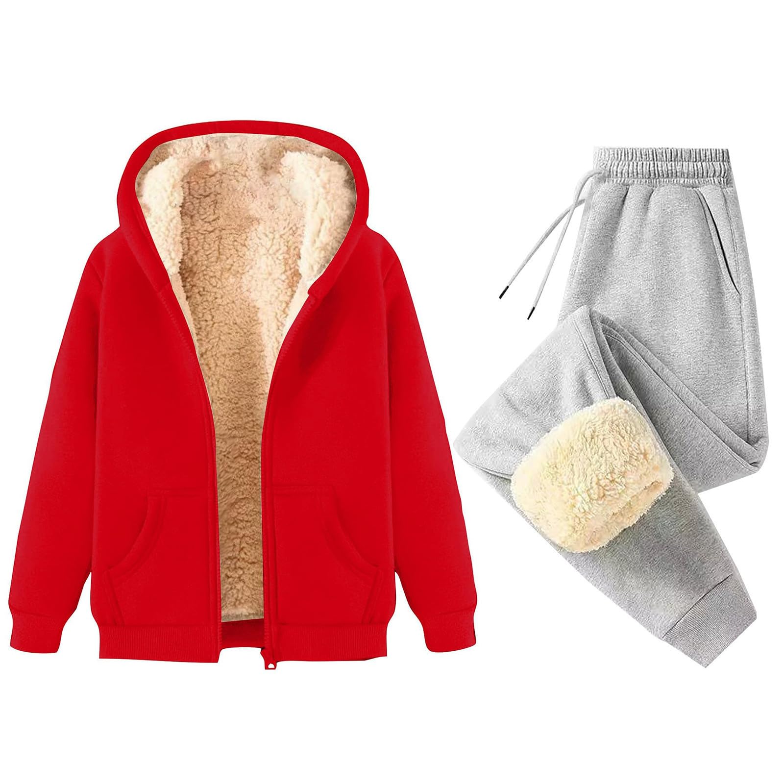 Generisch Jogginganzug Damen Set Teddy fleece Hausanzug Damen Anzug Elegant 2 Teilig Große Größen Trainingsanzug Winter Gefüttert Kapuzenjacke und Jogginghose Freizeitanzug Warm Frauen Homewear