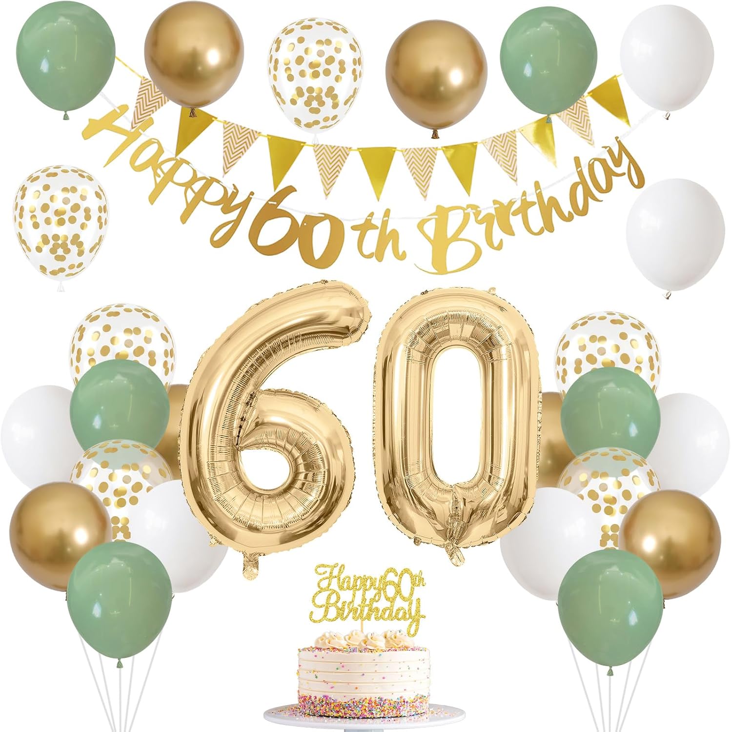 60th Birthday Decorations for Men Women, Sage Green White Gold Balloons With Happy 60th Banner, Cake Topper, Number 60 Foil Balloon for 60 Year Old Party Decoration Green White 60th Birthday