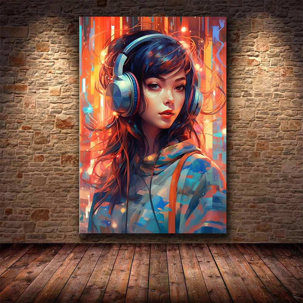 TERUEA Quadro su Tela arte Stampe da Parete, Amante Musica Cuffie Citt脿 Neon Quadri Moderni - Quadri Fiori in fiore - Decorazione Murale per Ufficio Sala yoga (Arancione)-80x120cm Incorniciato