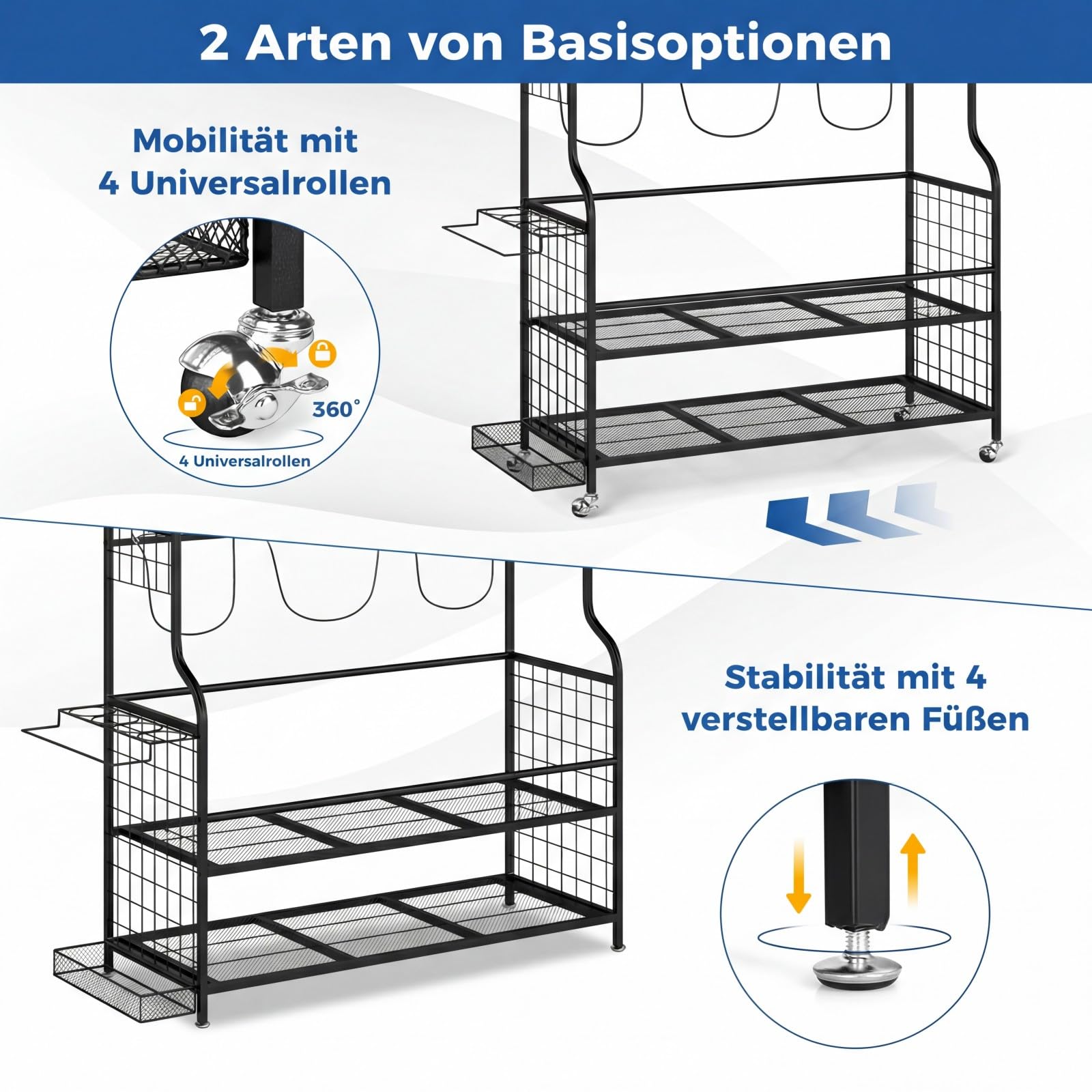 COSTWAY Golf Organizer, Golfschläger-Organizer mit abnehmbaren Rollen, Golf Aufbewahrung mit 4 Haken, 2 Körben & seitlichem Regal für 3 Golftaschen, Golftaschenregal aus Metall für Keller, Club
