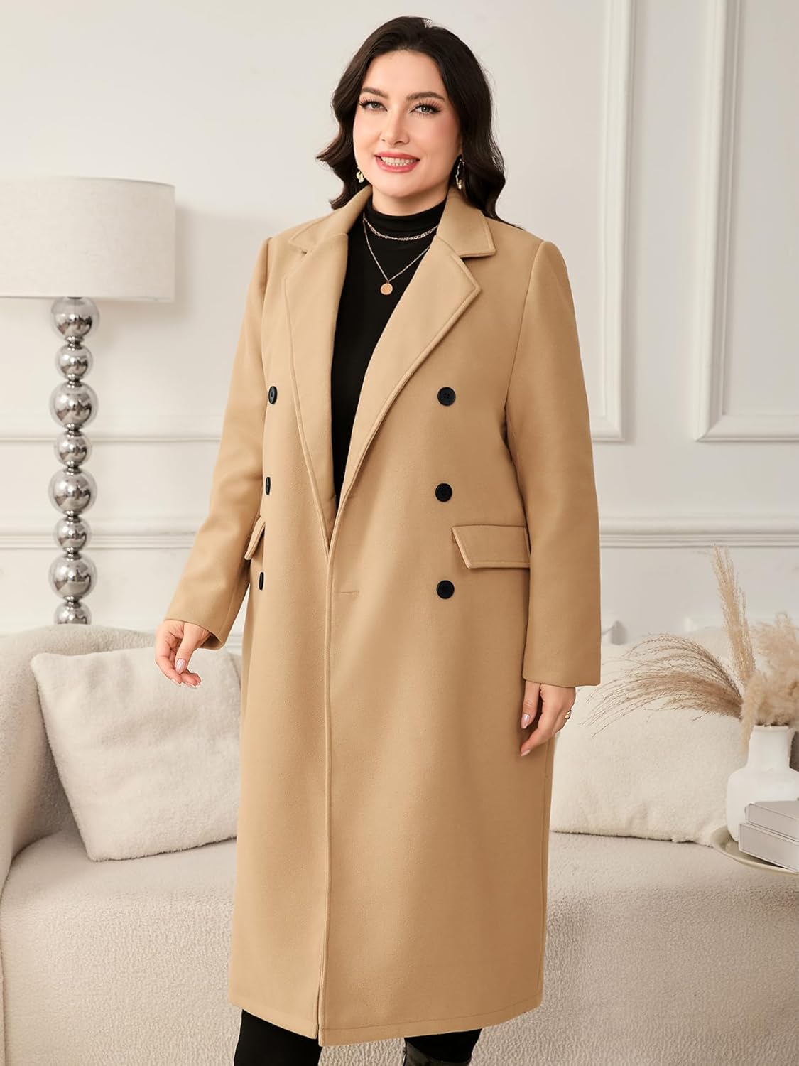 ZOMVA Women's Plus Size Wool Pea Coat Double Breasted Notch Lapel Collar Fall Winter Classic Long Trench Coat - Image 4