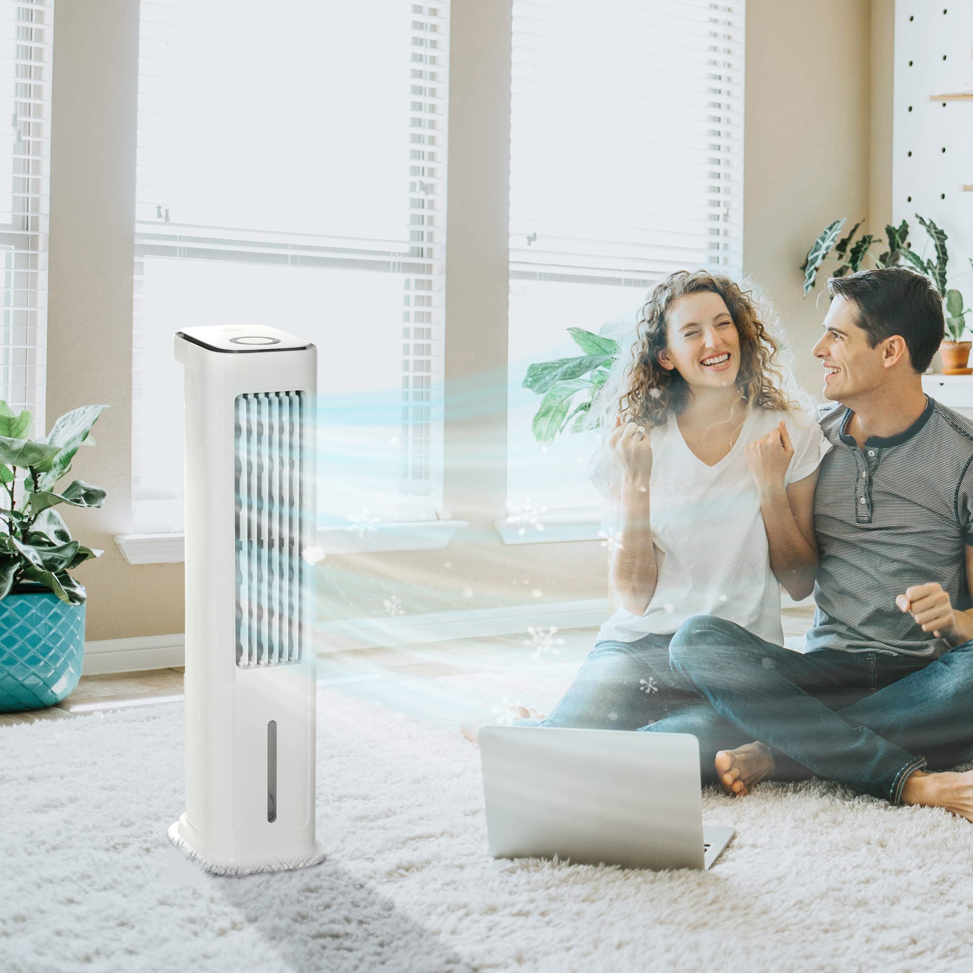 HOMCOM Climatizador Evaporativo Bajo Consumo 75W Depósito 5L Oscilante con Control Remoto 3 Modos 3 Velocidades Temporizador 12h y Pantalla LED Táctil 23x29x86 cm Blanco
