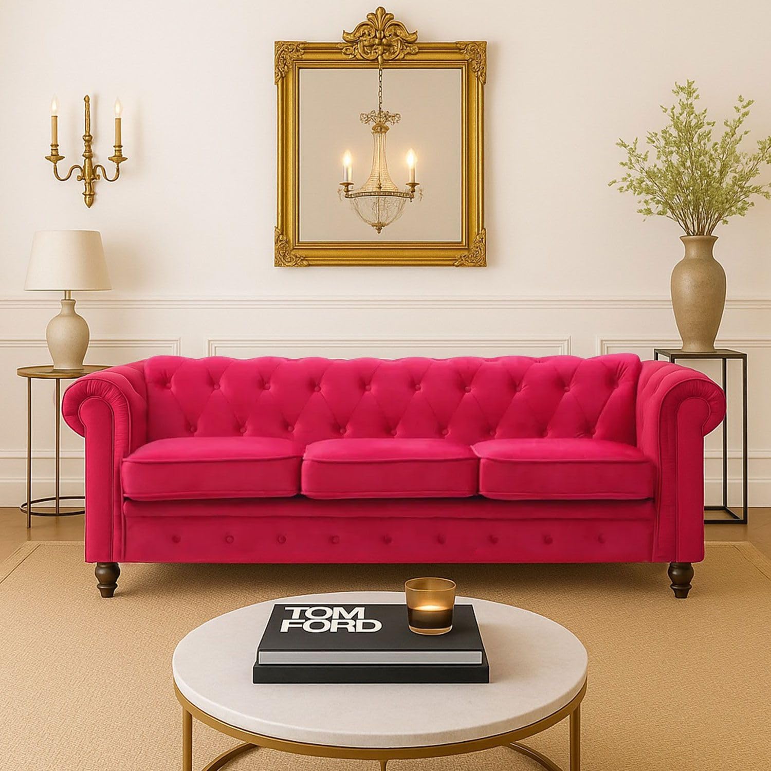 Menzzo - Divano a 3 posti in legno e velluto, 80 x 207 x 72 cm, Legno, rosso, 207x80x72