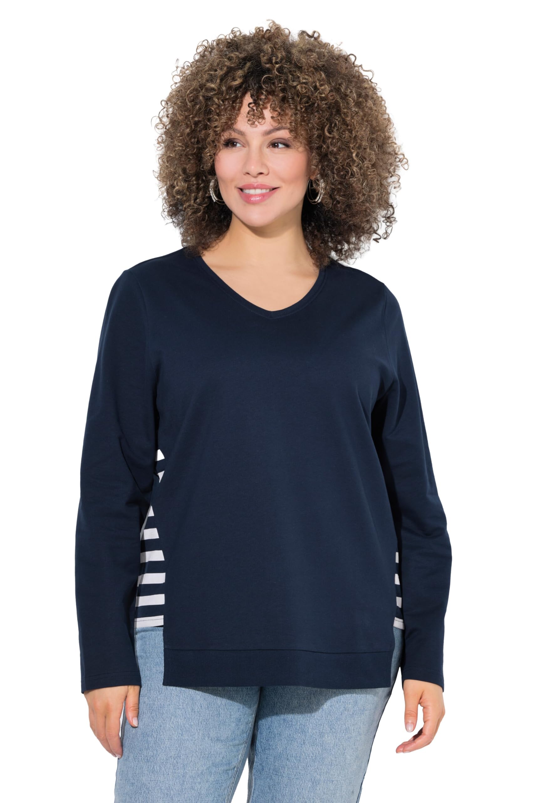 Ulla Popken Damen große Größen Übergrößen Plus Size Sweatshirt, Streifen, A-Linie, V-Ausschnitt, Langarm 841168