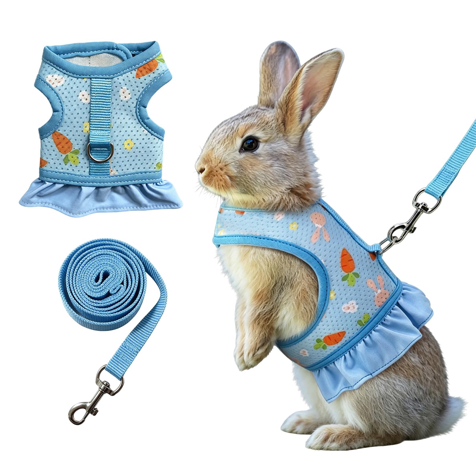 Beyinkoy Rabbit Harness and Leash Set, Breathable Mesh Bunny Vest Harness with Skirt, Adjustable Bunny Escape Proof Vest with Magic Tape Design for Outdoor Walking (Blue, M)