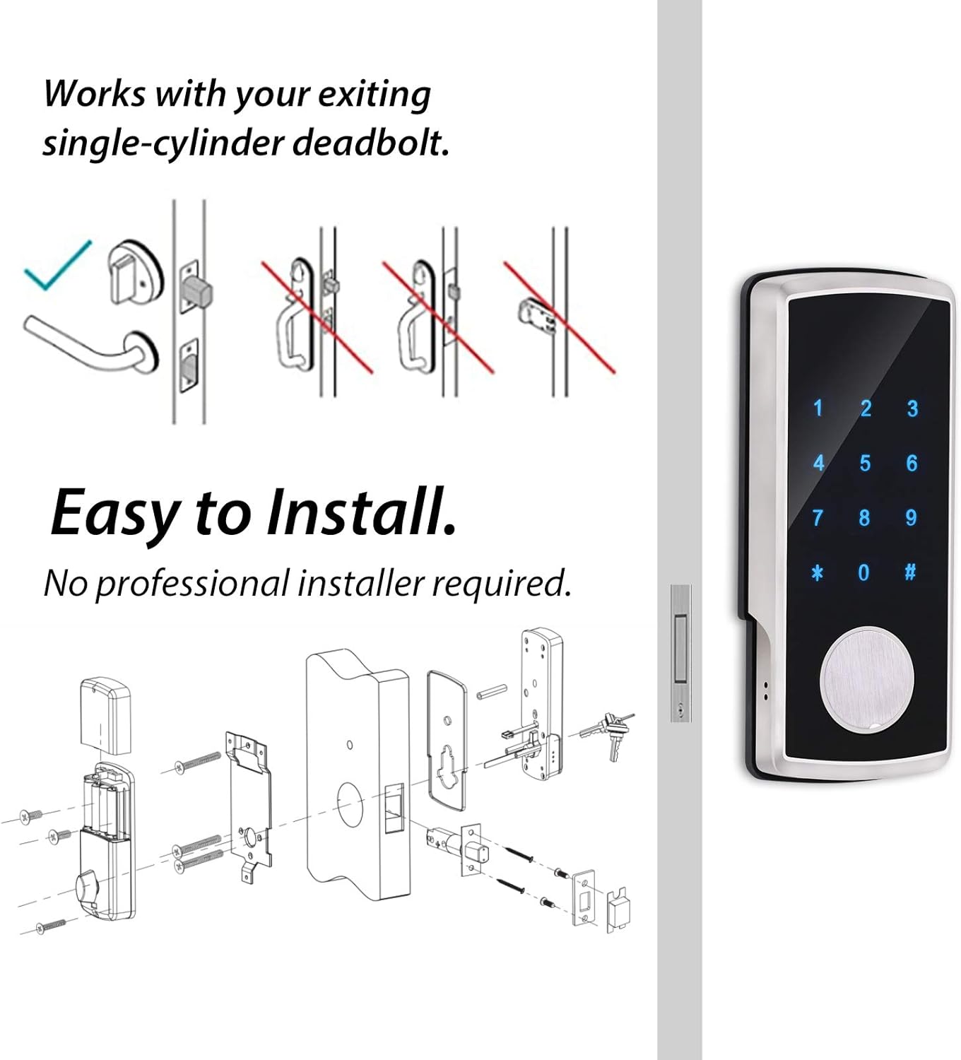 Exсluѕіvе Front Door, Keyless Entry Door Locks Deadbolt Locks with Keypads, Bluetooth Door Locks Touchscreen APP Keyless Door Locks for Apartment Home Hotel Office, Auto Lock