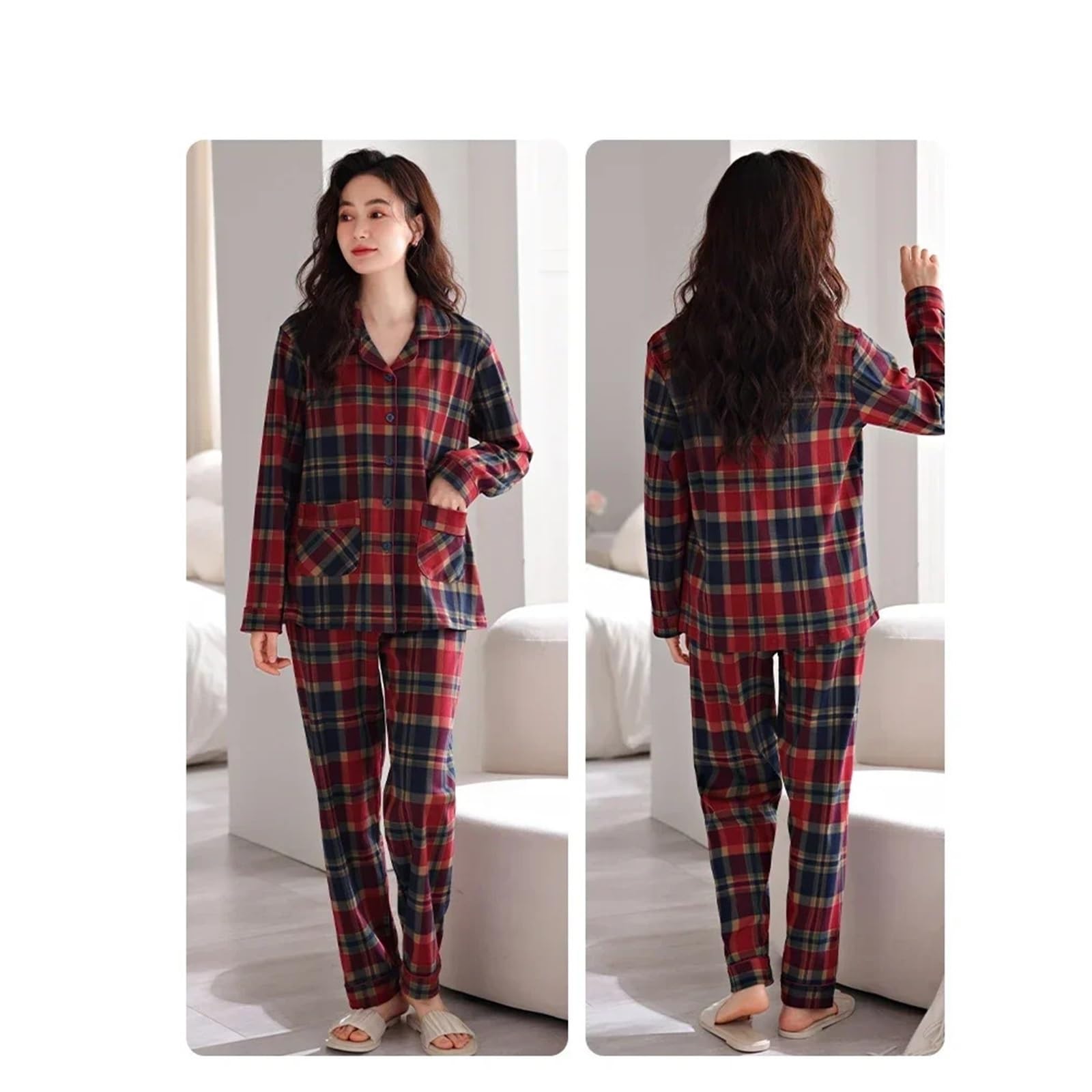 2024 Autumn Plus Size Long Sleeve Casual Plaid Cotton Pajama Sets for Women – Korean Loose Sleepwear Homewear Clothes(2611,XXXL)