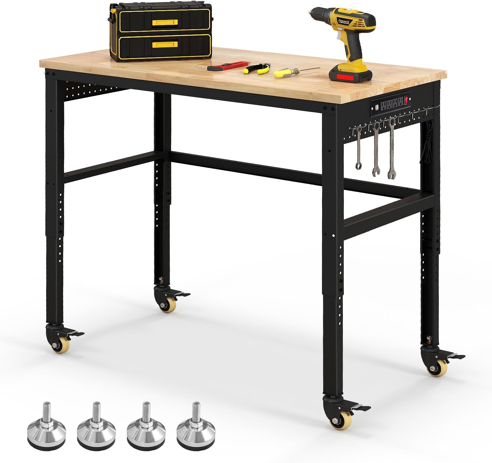 Goplus Work Bench with Power Outlet, 48โ Adjustable Oak Wood Work Table w/Universal Lockable Wheels & Non-Slipping Footpads, 1760LBS Capacity, Heavy Duty Steel Workbench for Garage Workshop Home