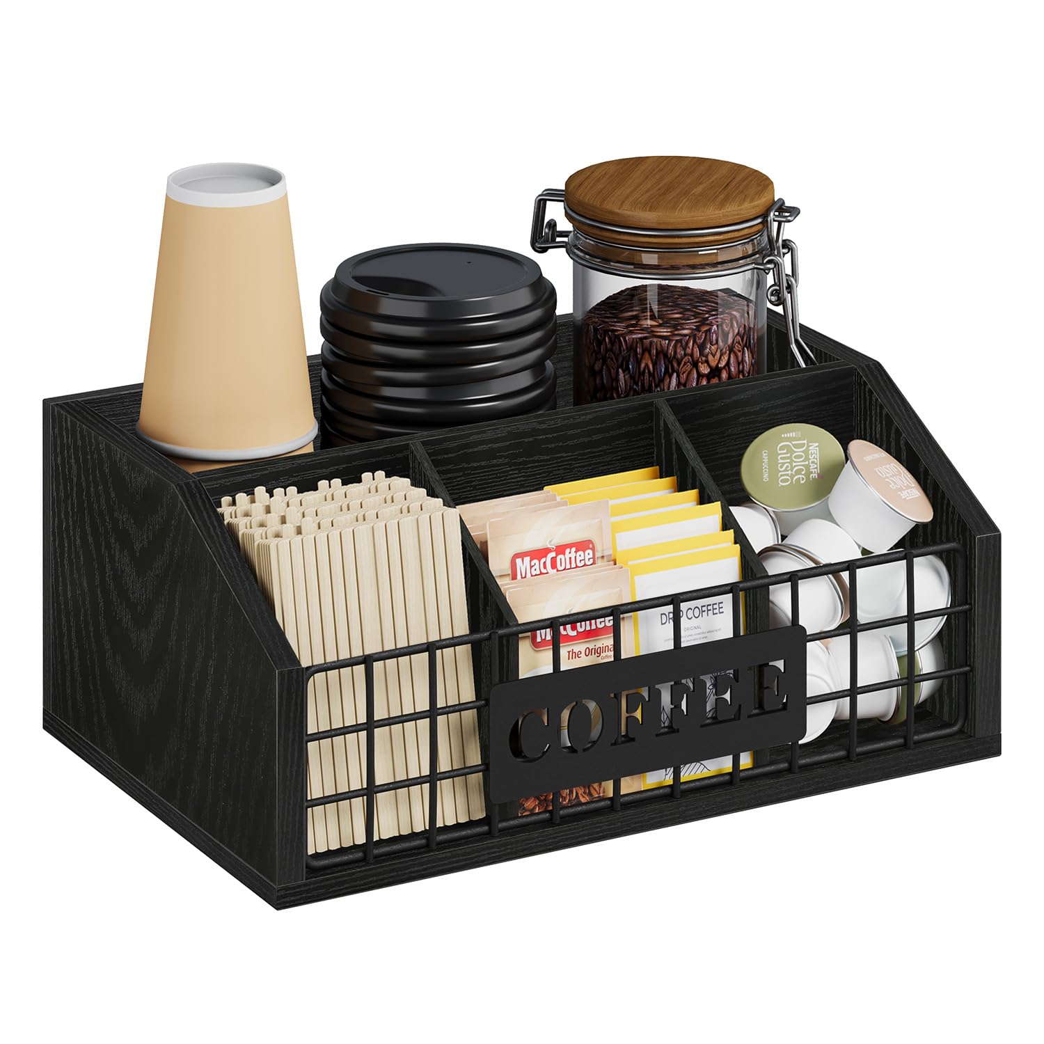YINMIT Coffee Station Organizer for Countertop, Wood Coffee Bar Organizer with Removable Dividers for Pods, Syrup, Cups, Stirrer, Tea - Office Bar Accessories, Iron Wire-Black