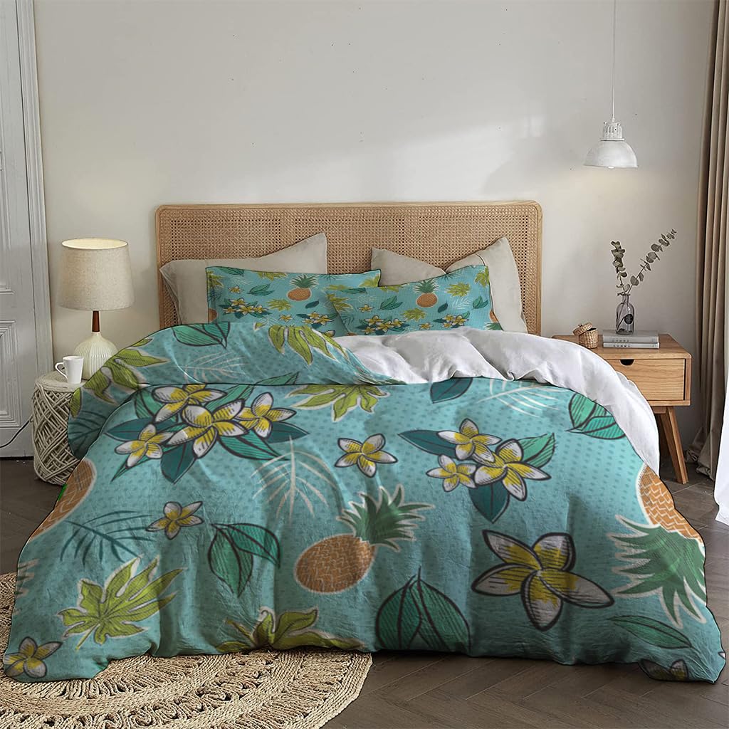 NIBAINLO 布団カバーレトロ風トロピカルルアウのパイナップルの花と葉 肌に優しい ピーチスキン加工 掛け布団カバー 和式 洋式 あったか 布団カバーセット リバーシブル ホームステイ ホテル 家庭兼用