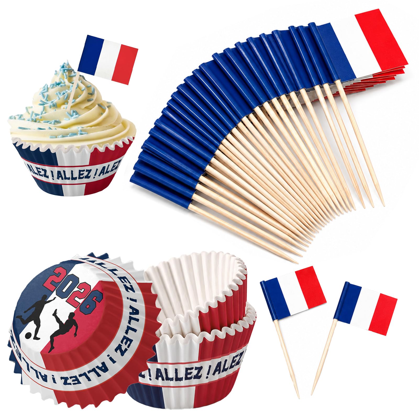 France Cupcake Cure Dents et Drapeau, Mini Cure Dents Couleurs du Drapeau, Caissettes Noirs Rouges Dorés, Idéal Coupe du Monde Fête Football