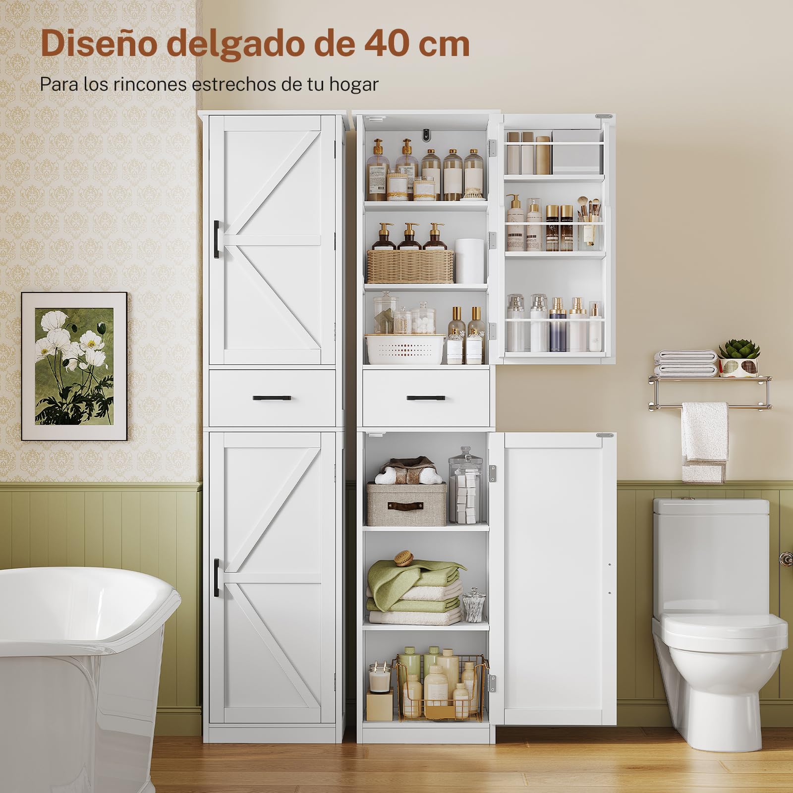 TEENFON Alacena de Cocina Alta y Despensa, Armario Multiusos con 2 Puertas, 1 Cajón y Estantes Ajustables, Aparador y Mueble de Baño para Cocina, Salón, Baño, 170 x 40 x 30 cm, Blanco