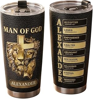 Lion Cross Bible Verse Tumbler - Personalized Man Of God Tumbler, Christian Gift For Men Custom Scripture Insulated Travel Coffee Cup Religious Birthday Present Pastor Appreciation Spiritual Gifts
