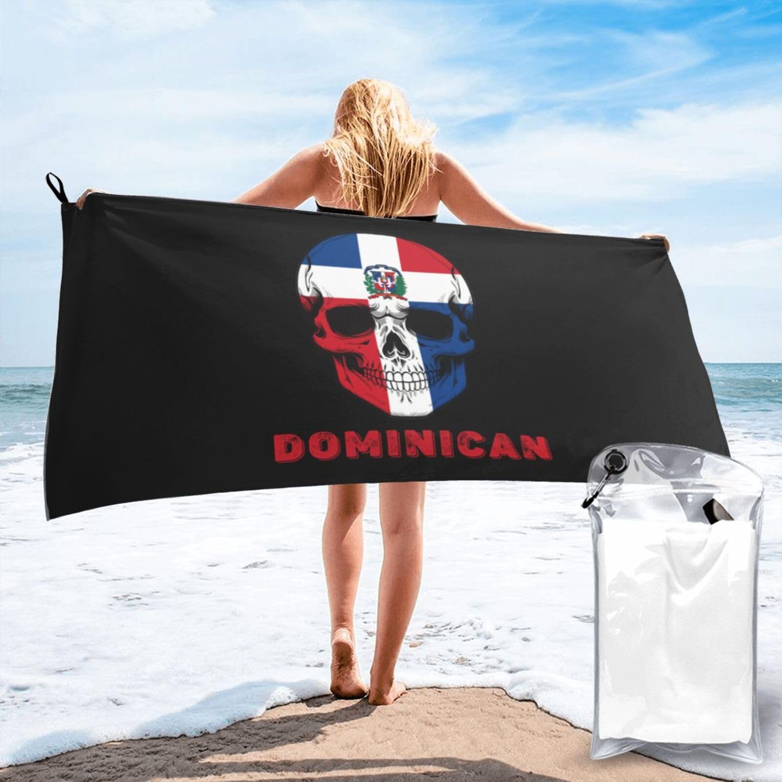 HACXZ Skull Dominican Republic Flag Lightweight Absorbent Beach Towel Microfiber Beach Towel 31.5"X63"