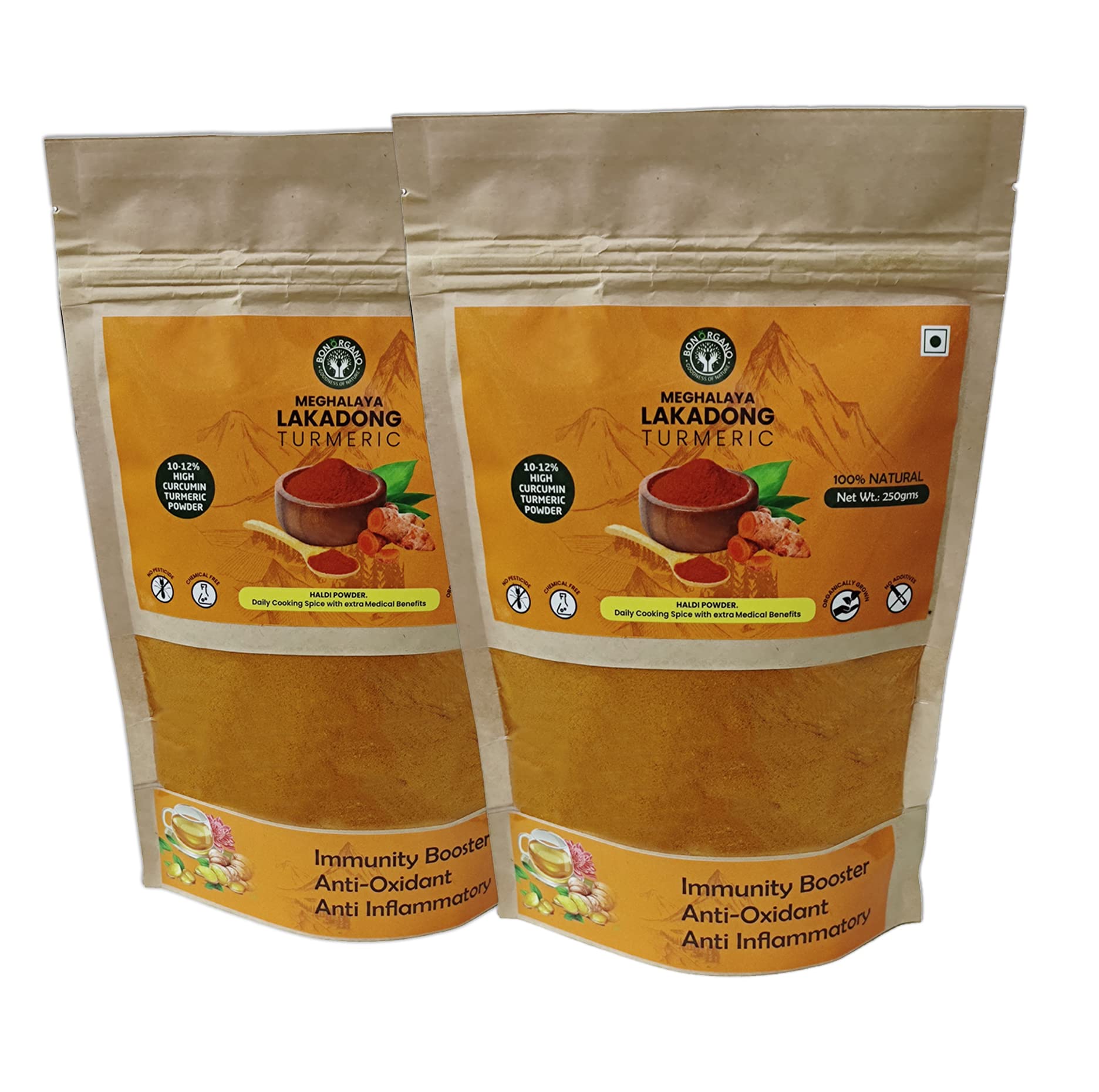 Bon Organo Meghalaya Lakadong Turmeric Powder, 500gms (250gms*2), High Curcumin (10-12%) | Sourced from Meghalaya
