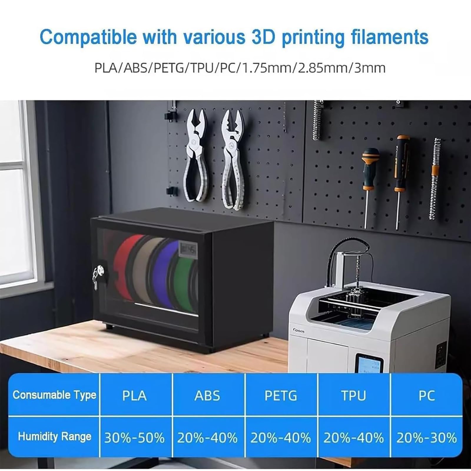 Control de gabinete deshumidificador de filamentos para impresora 3D con humedad y bloqueo seguro, caja de almacenamiento de filamentos de 25L, capacidad para 5 rollos para PLA/ABS/PETG