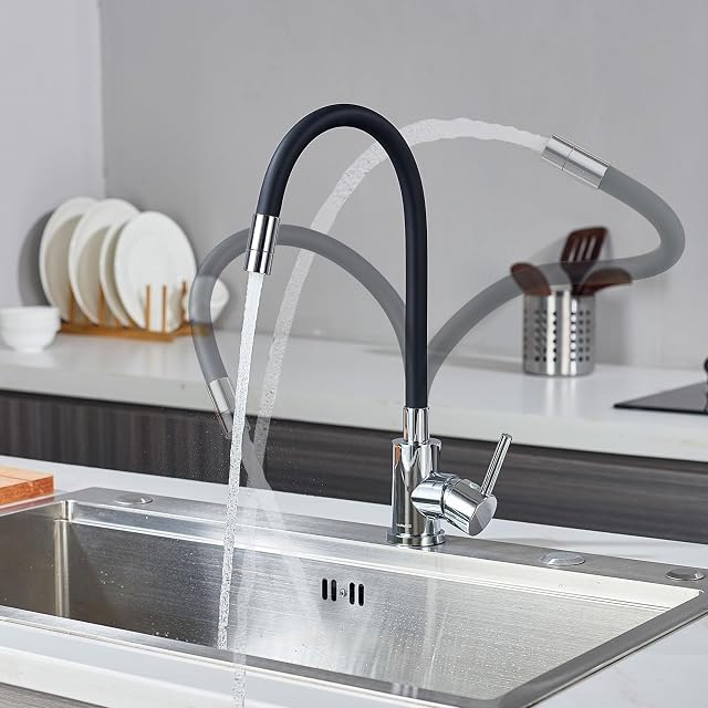 Grifo de Cocina Flexible con Manguera de Negro Silicona Segura 2 Modos | Grifos de Cocina LakeBayMZC, Grifo de Fregadero con Manguera de Silicona Segura,Giratorio 360° Para Cocina,Baño y Bar,Cromado