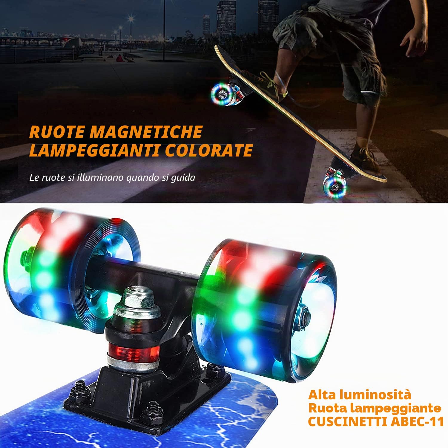 Skateboard con ruote colorate lampeggianti per principianti, bambini, adolescenti e adulti, skateboard standard in acero a 9 strati