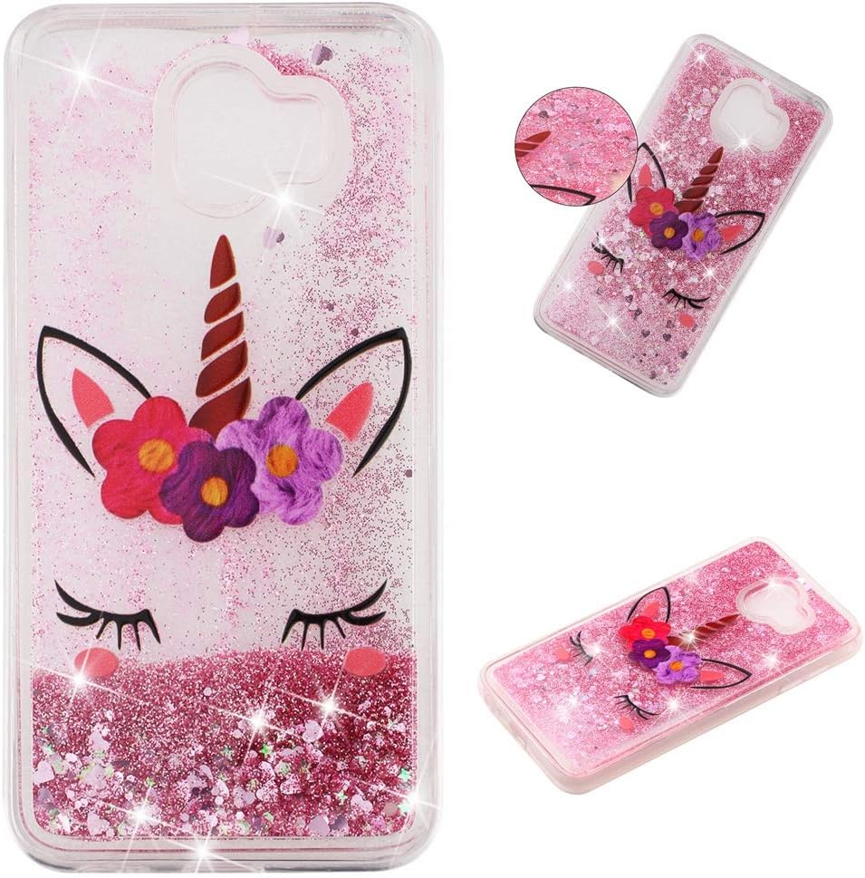Glitter Case for Samsung Galaxy J4 Plus 2018,QFFUN Bling Floating Liquid Quicksand Soft Clear Slim Fit Silicone Case with Screen Protector Shockproof Anti-Scratch Bumper Protective Cover - Unicorn