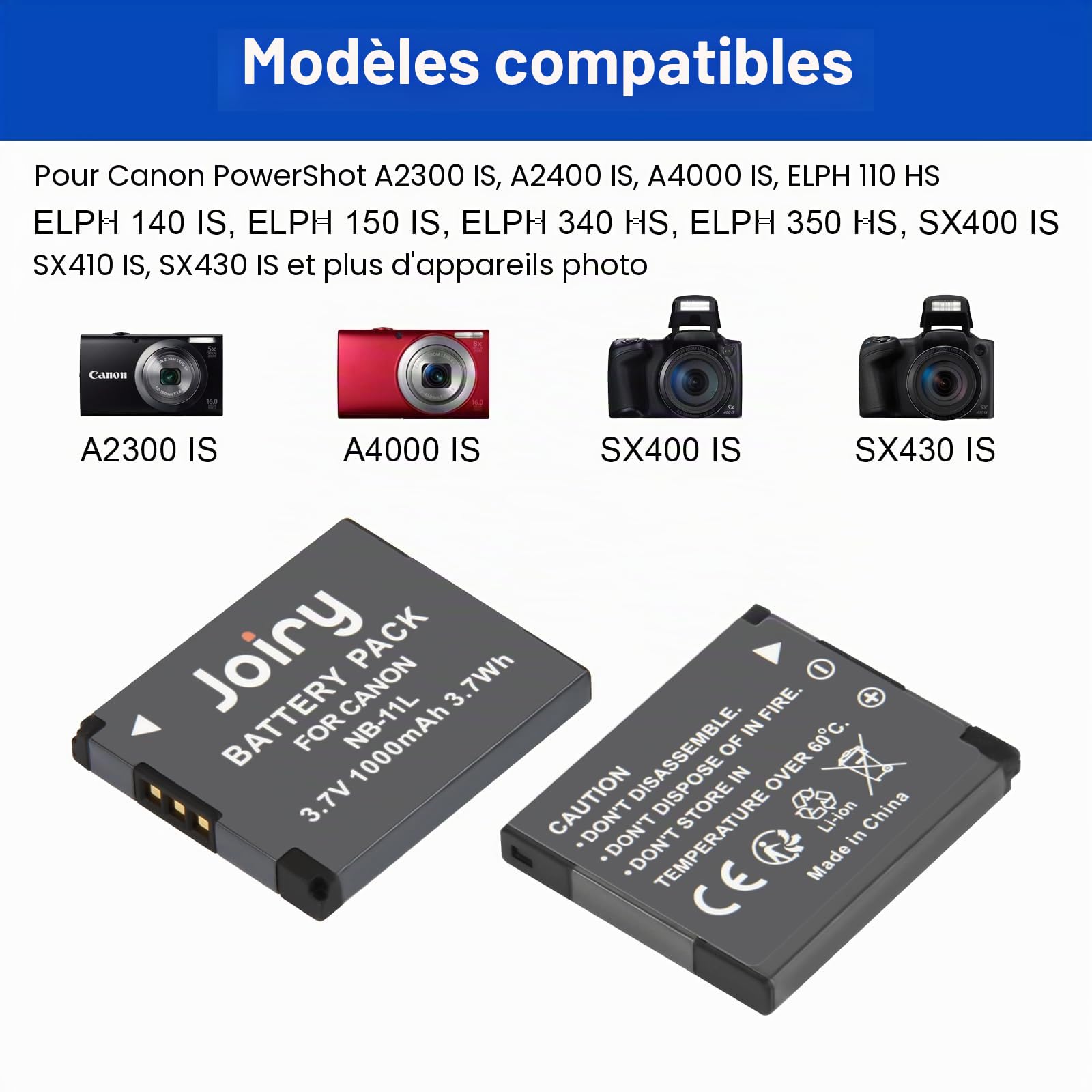 Joiry 2X NB-11L Batterie et Chargeur Compatible avec Canon PowerShot A2300 A2400 A2500 A2600 A3400 A3500 A4000, ELPH 110 115 130 320 340 HS, IXUS 265 132D 140 155 150 145