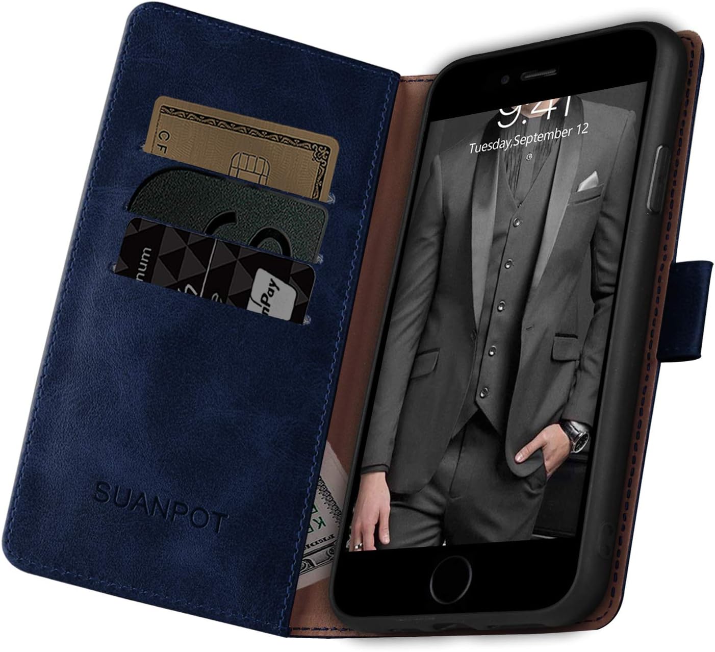SUANPOT for iPhone 6 Plus / 6S Plus 5.5" with RFID Blocking Leather Wallet case Credit Card Holder, Flip Folio Book Phone case Shockproof Cover for Women Men for Apple 6S Plus case Wallet Blue