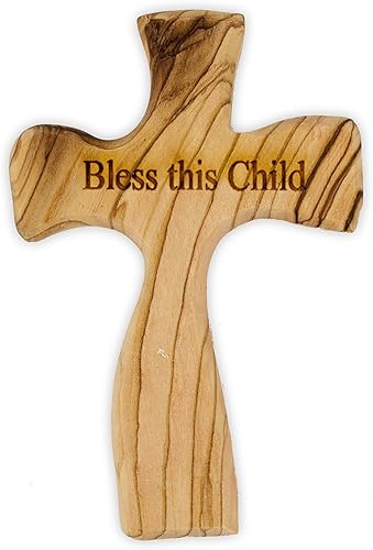 Cruz de oración de madera de olivo hecha a mano en Tierra Santa (Bendice a este niño)