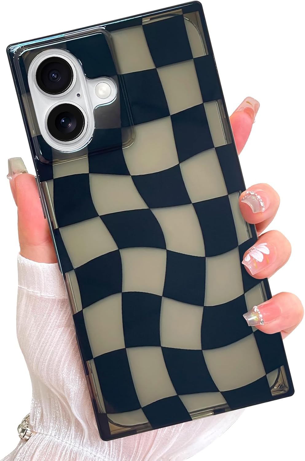 AIGOMARA Rectangle Checkered Phone Case for iPhone 16 with Screen Protector for Women Men, Cute Black Checkerboard Aesthetic Plaid Grids Design Hard PC Back Clear Protective Phone Case