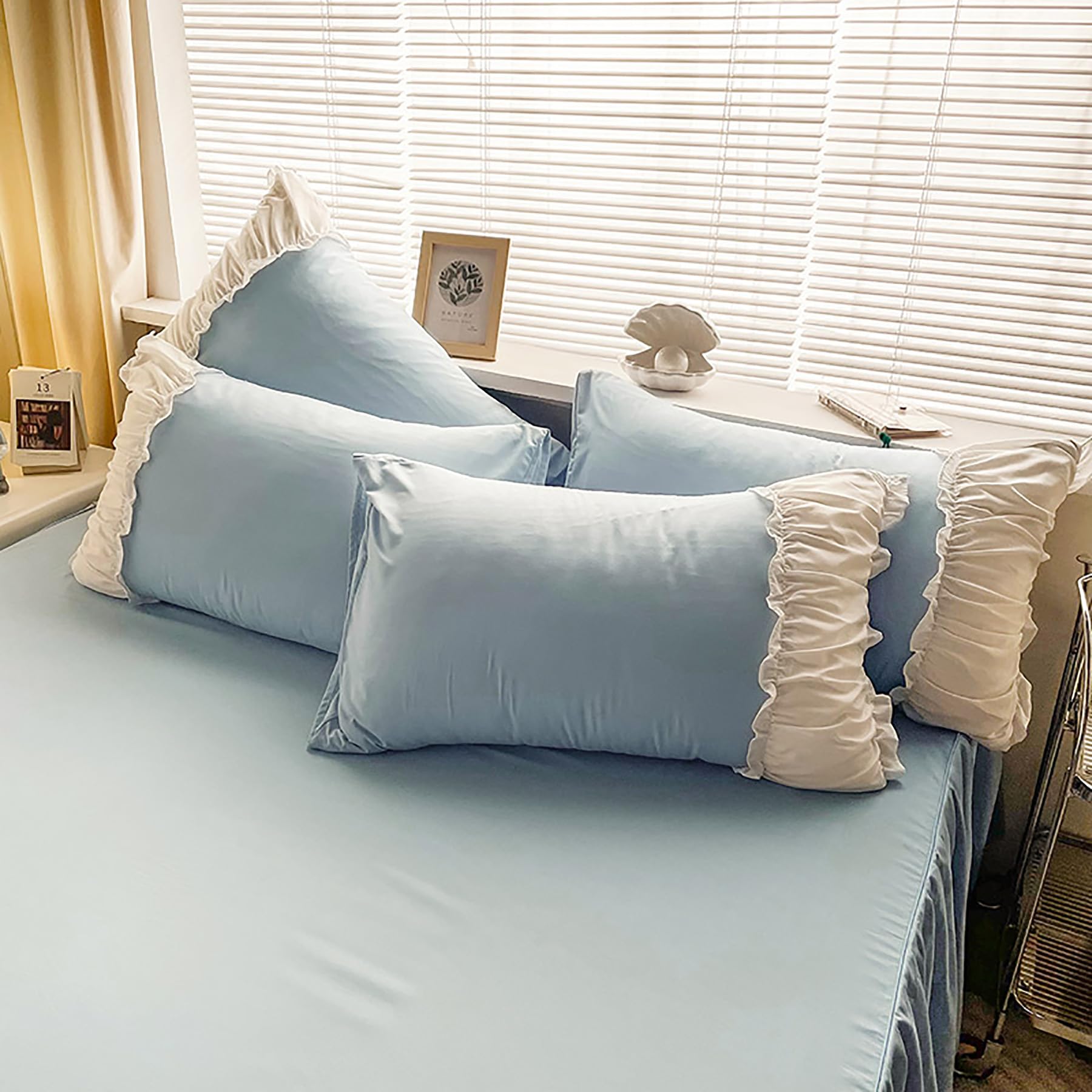 Parure lit Queen Size, Ensemble literie Simple Coton Couleur Unie Couvre-lit Dentelle Style Ensemble draps Comprenant Ensembles Couette Un Drap Plat Une taie d'oreiller,Bleu,Twin